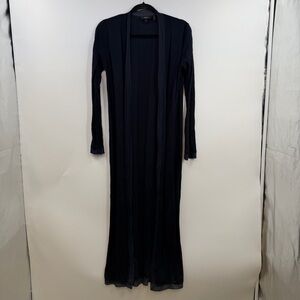 Theory Long Maxi Cardigan Navy Wool Silk Trim Open Front Sweater Small